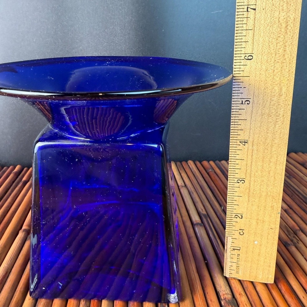 Cobalt Blue Art Glass Handblown Vase or Candle holder unique wide rim 5.5" tall - Picture 6 of 7